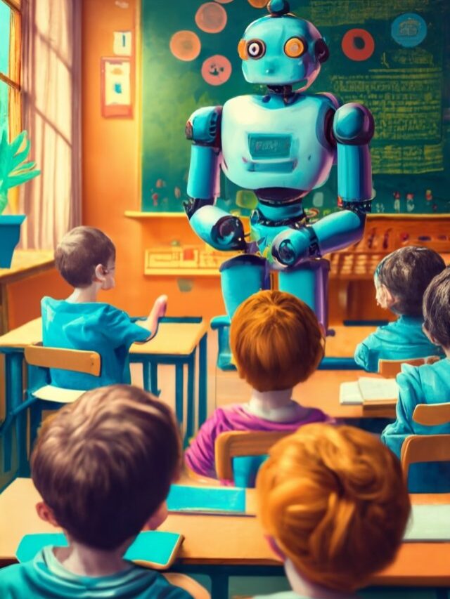 a humanoid robot teaching a classroom full of children